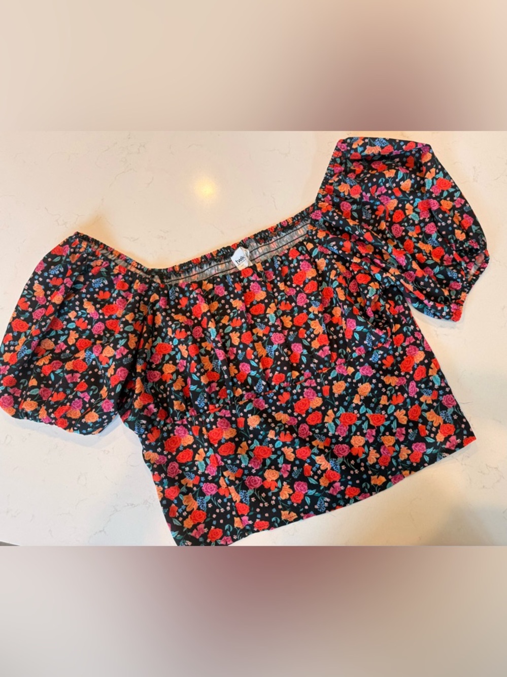 twik Black Off-Shoulder Floral Crop Top with Red, Pink & Orange Roses